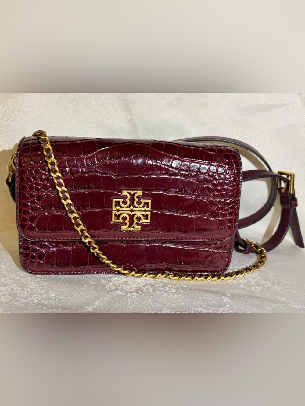 Tory Burch Wine Croc-Embossed Chain Crossbody
